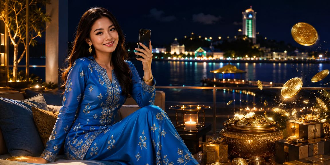 Pengguna Malaysia dalam pakaian baju kurung mengakses platform kasino mudah alih mc12 dengan mudah dan selesa